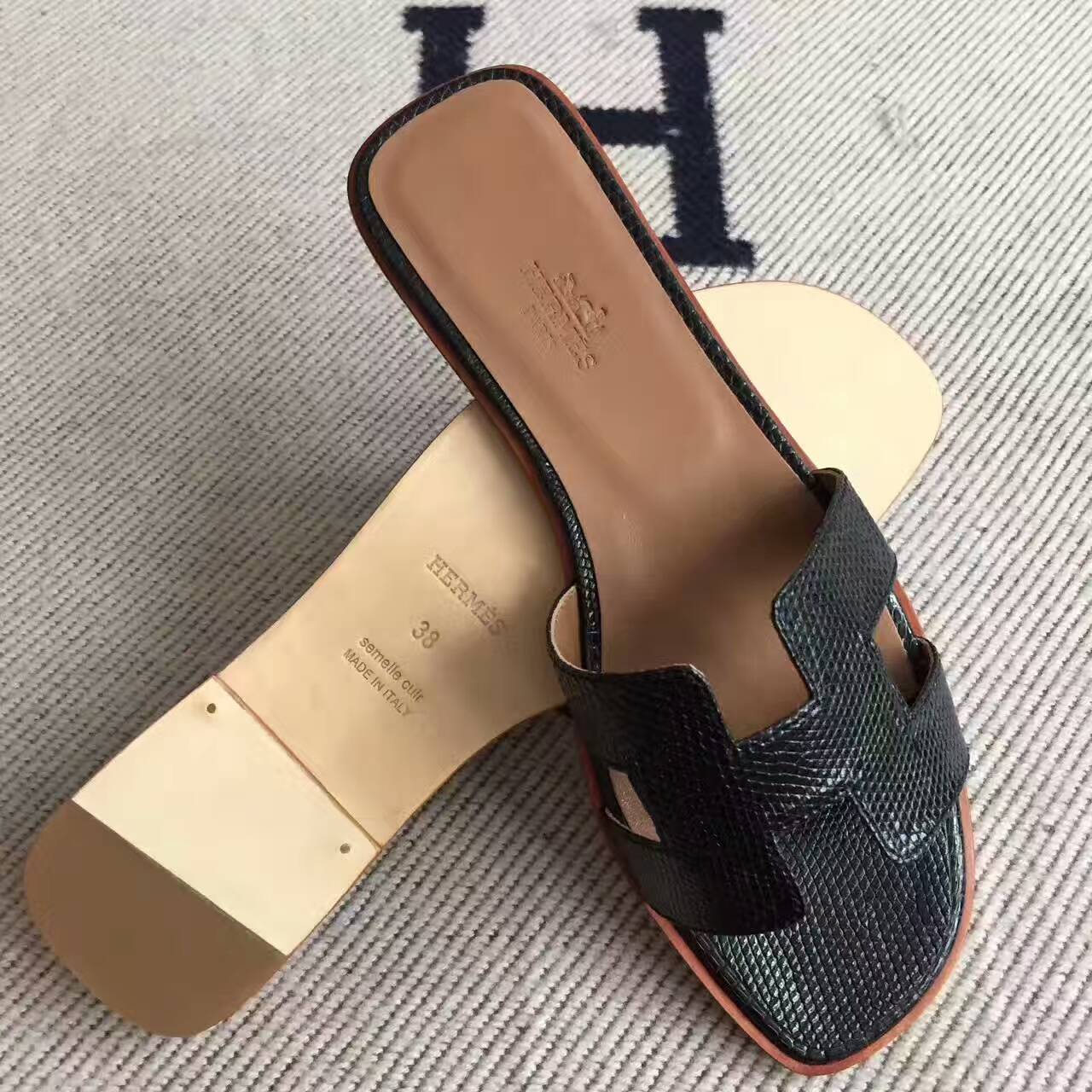 Noble Hermes Lizard Skin Leather Sandals Shoes in CK89 Black Size35-42