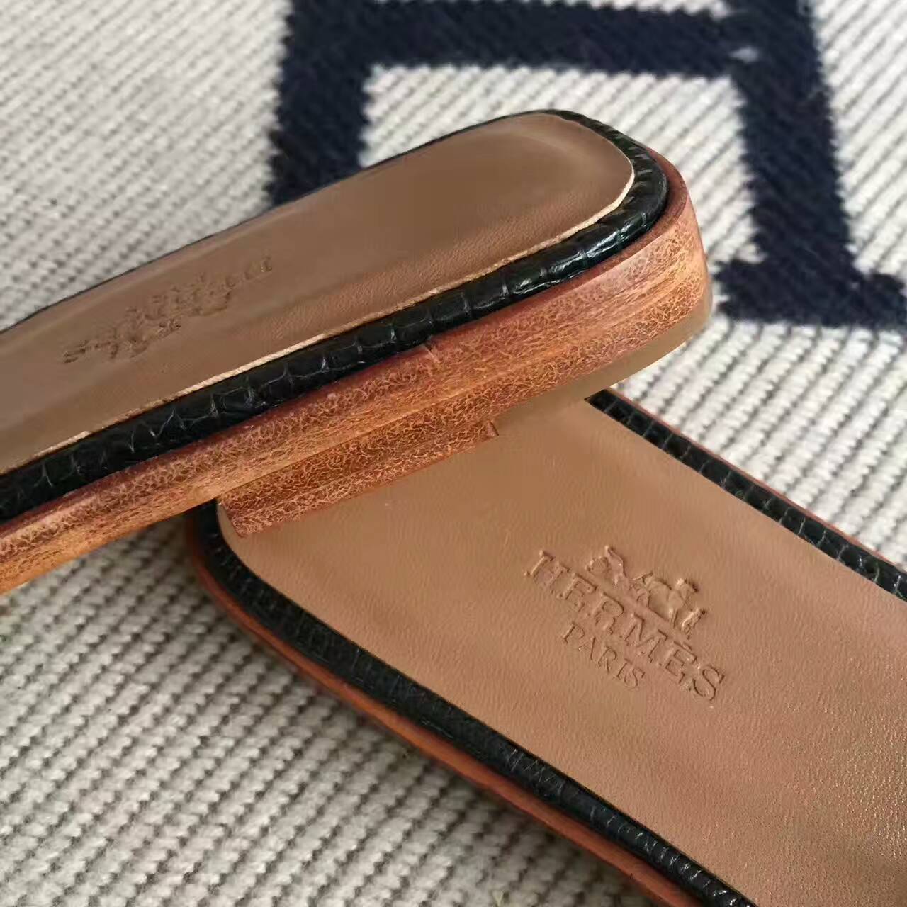 Noble Hermes Lizard Skin Leather Sandals Shoes in CK89 Black Size35-42