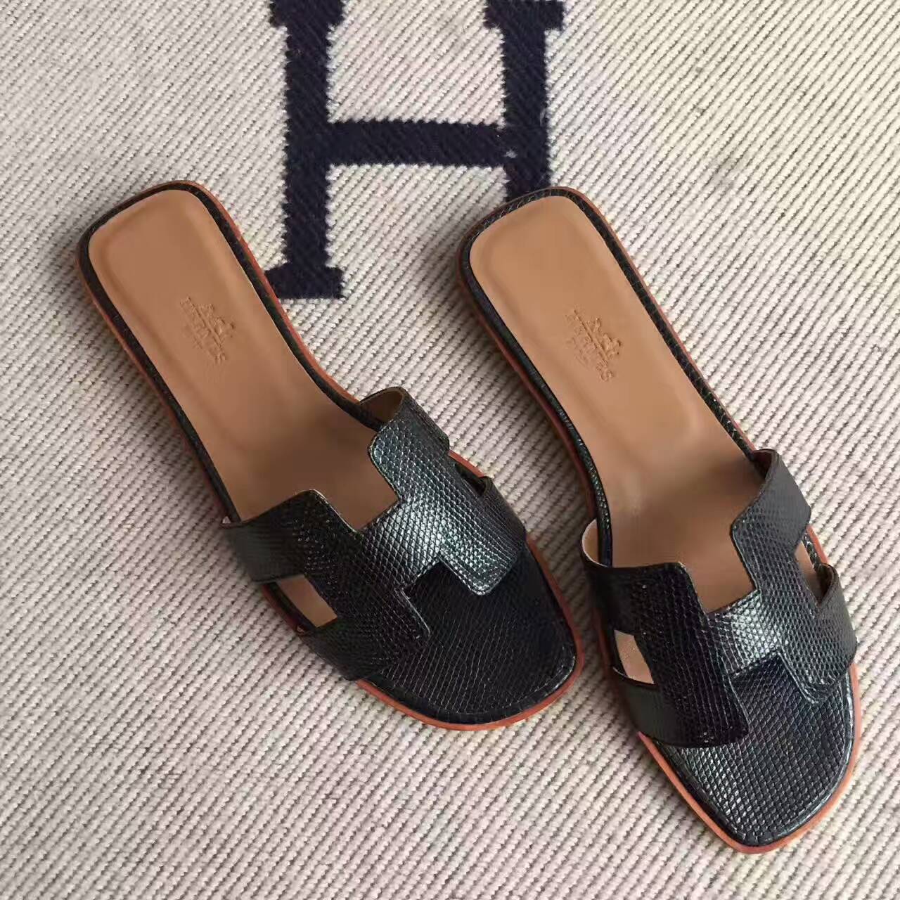 Noble Hermes Lizard Skin Leather Sandals Shoes in CK89 Black Size35-42