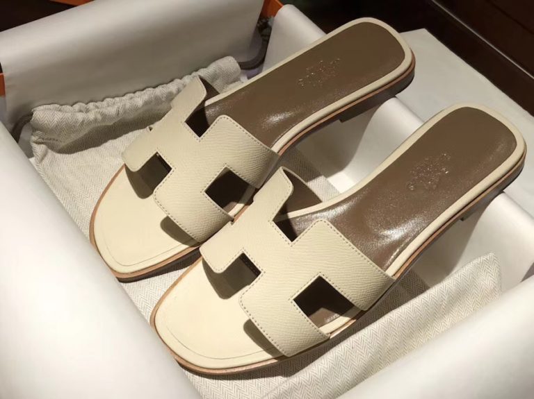 Classic Hermes Beton White Calf Leather Womens Flat Heel Sandals Size 35-41