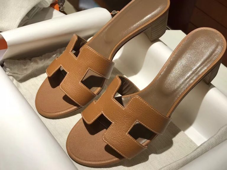 Hermes Brown Calf Leather Womens Middle Heel Sandals Shoes Size 35-41