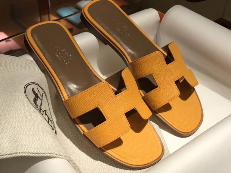 Hand Stitching Hermes Sun Yellow Calf Leather Flat Heel Sandals Shoes Size 35-41