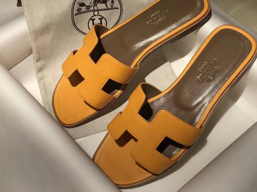Hand Stitching Hermes Sun Yellow Calf Leather Flat Heel Sandals Shoes Size35-41