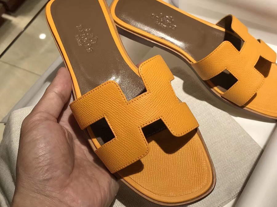 Hand Stitching Hermes Sun Yellow Calf Leather Flat Heel Sandals Shoes Size35-41