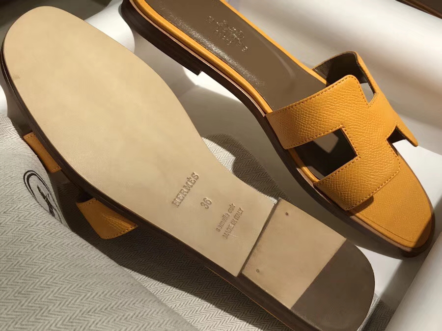 Hand Stitching Hermes Sun Yellow Calf Leather Flat Heel Sandals Shoes Size35-41