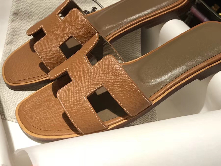 Hermes Classic Sandals Brown Calf Leather Flat Heel Women&#8217;s Sandals Shoes