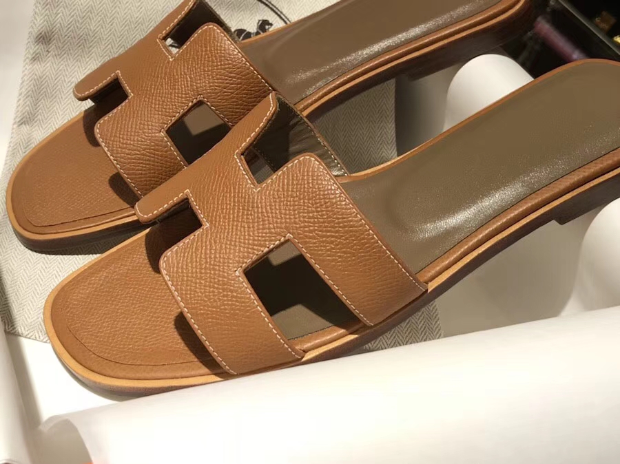 Hermes Classic Sandals Brown Calf Leather Flat Heel Women’s Sandals Shoes