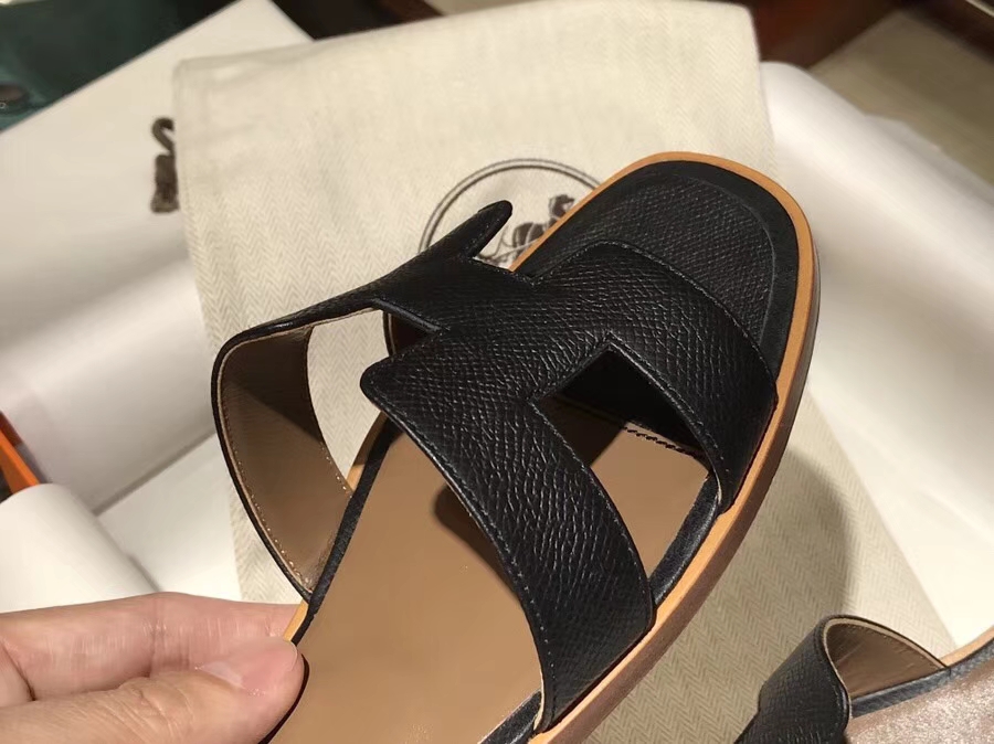 Elegant Hermes Calf Leather Women&#8217;s Flat Sandals Shoes in Black Size35-41