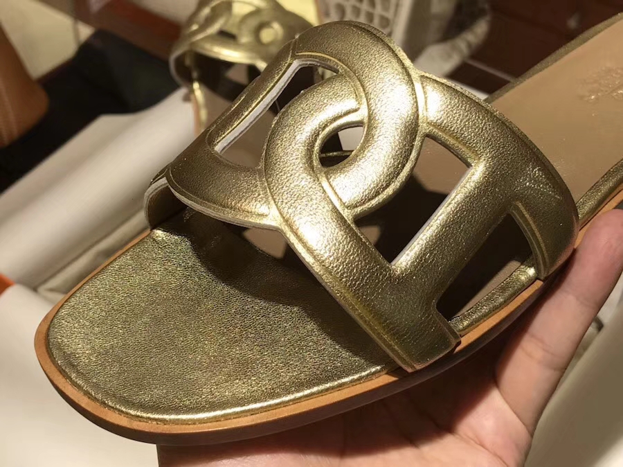 Luxury Hermes Gold Calf Leather Circle Style Flat Women&#8217;s Sandals Size35-41