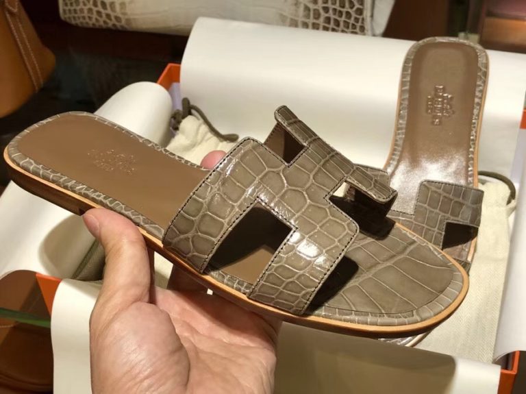 Hand Stitching Hermes Etoupe Grey Crocodile Leather Sandals Slippers Size 35-41