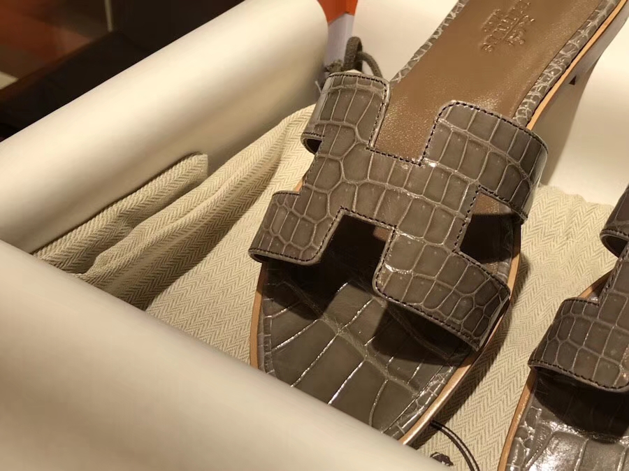 Hand Stitching Hermes Etoupe Grey Crocodile Leather Sandals Slippers Size35-41