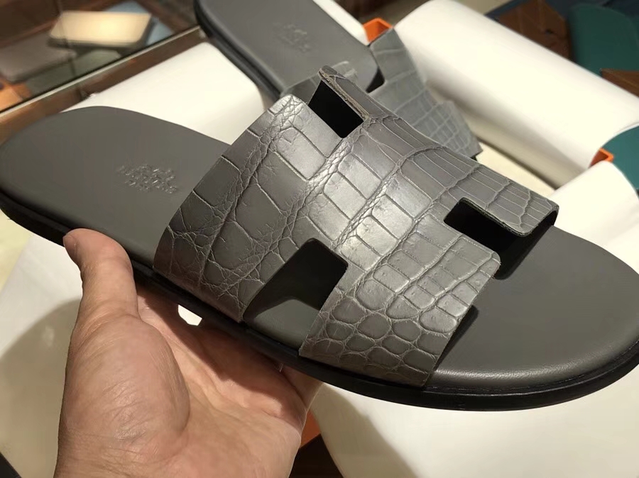 Fashion Hermes Iron Grey Crocodile Leather Men&#8217;s Sandals Shoes Size39-44