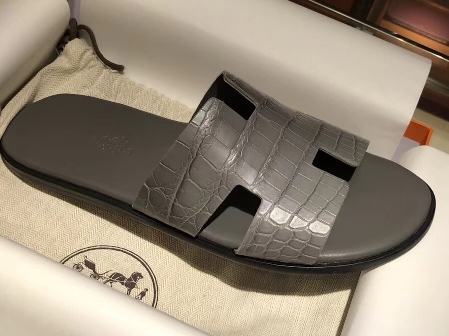 Fashion Hermes Iron Grey Crocodile Leather Men&#8217;s Sandals Shoes Size39-44