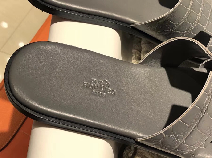 Fashion Hermes Iron Grey Crocodile Leather Men’s Sandals Shoes Size39-44