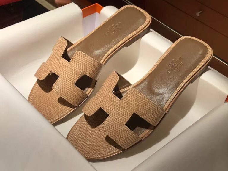 Hermes Apricot Lizard Leather Sandals Shoes Slippers Flat Heel