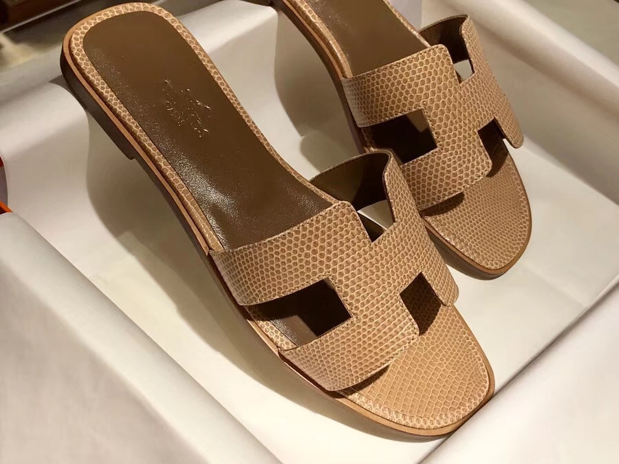 New Arrival Hermes Apricot Lizard Leather Sandals Shoes Slippers Flat Heel