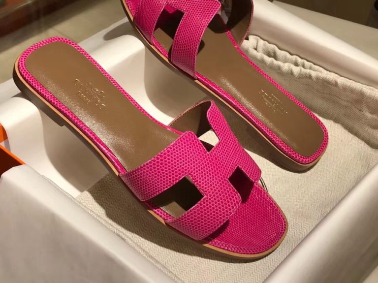 Hermes Lizard Leather Sandals Slippers Shoes in Pink
