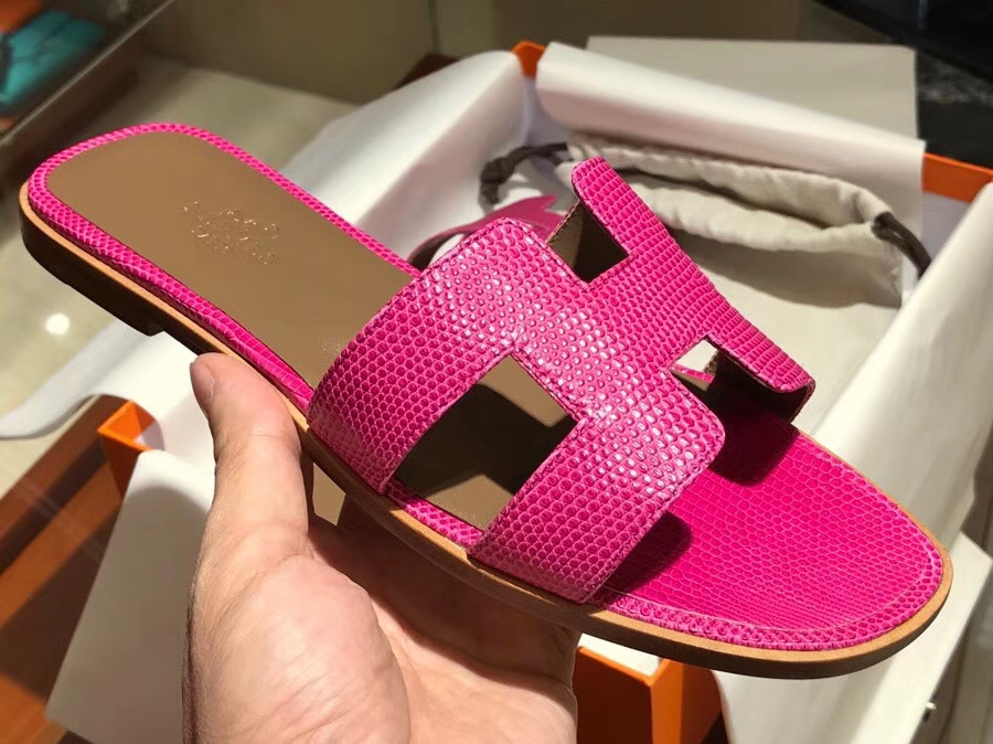 Discount Hermes Lizard Leather Sandals Slippers Shoes in Hot Pink