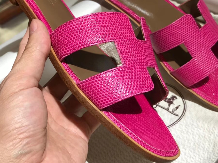 Discount Hermes Lizard Leather Sandals Slippers Shoes in Hot Pink