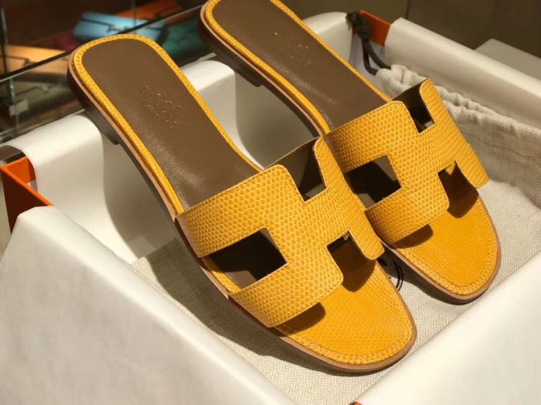 Hermes Sun Yellow Lizard Leather Classic Sandals Shoes Flat Heel