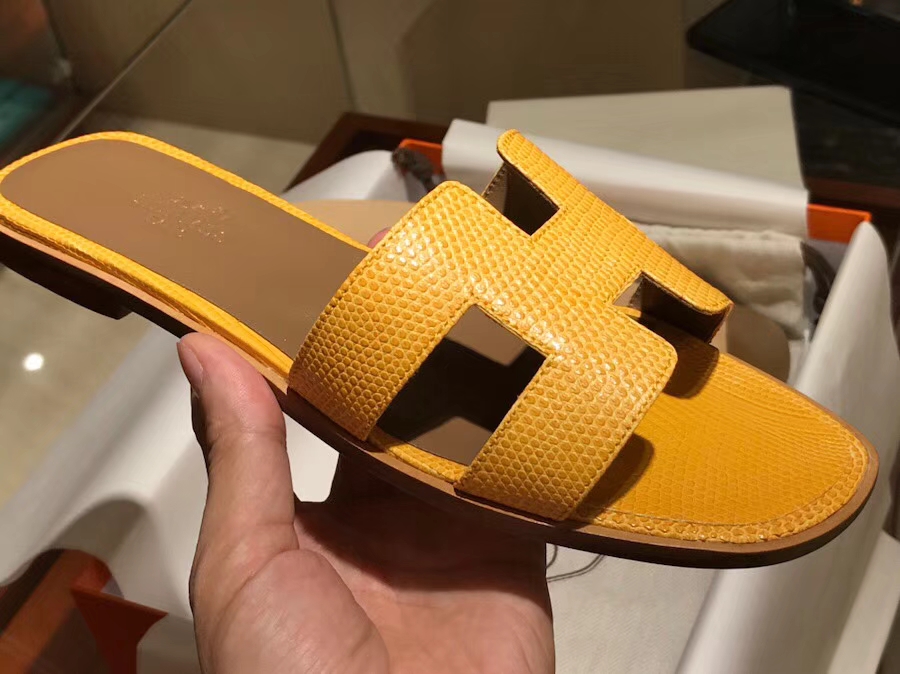 Discount Hermes Sun Yellow Lizard Leather Classic Sandals Shoes Flat Heel