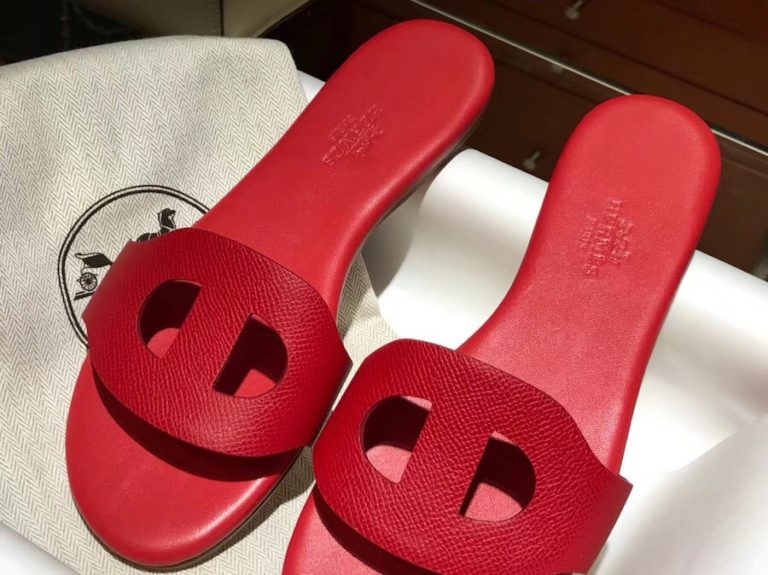 Hermes Epsom Calf Leather Sandals Slippers Womens Shoes in Red Size 35-41