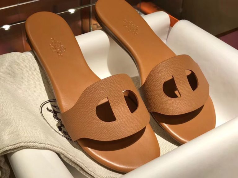 Hermes Gold Epsom Calf Flat Heel Sandals Shoes Size 35-41