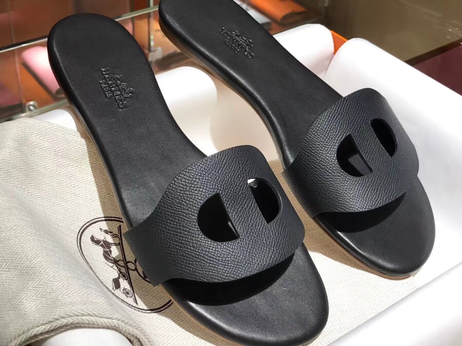 Elegant Hermes Black Epsom Leather Flat Heel Sandals Slippers Shoes Size35-41
