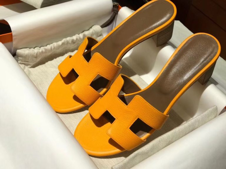 Hermes Sun Yellow Epsom Calf Middle Heel Womens Sandals Slippers