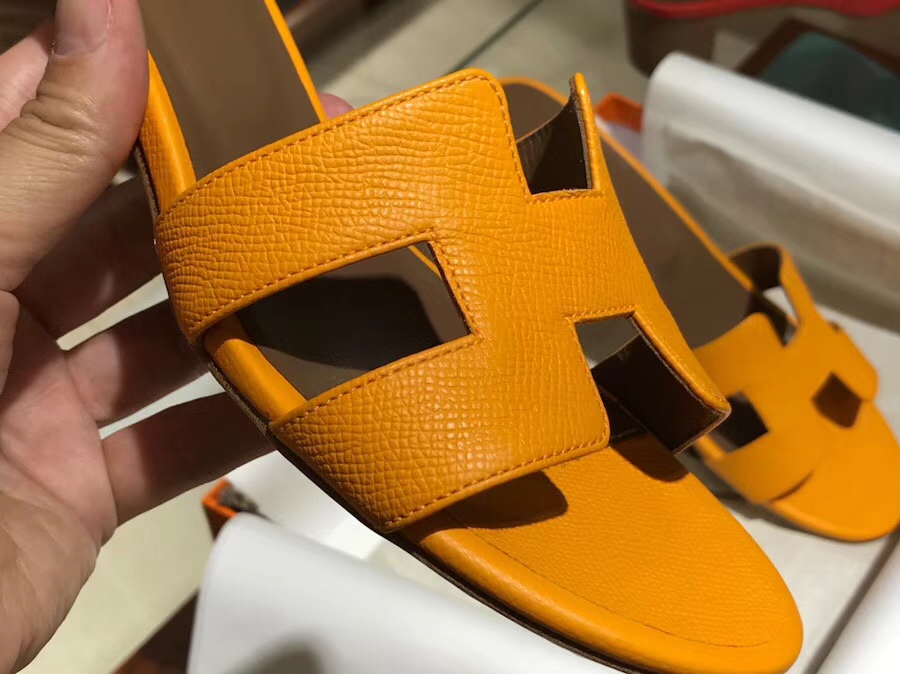 Fashion Hermes Sun Yellow Epsom Calf Middle Heel Women&#8217;s Sandals Slippers
