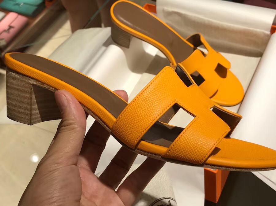 Fashion Hermes Sun Yellow Epsom Calf Middle Heel Women’s Sandals Slippers