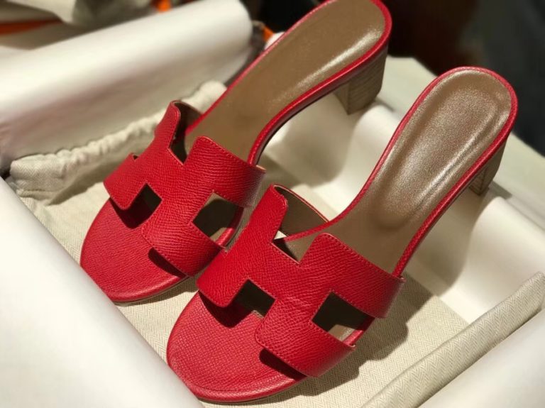 Hermes Epsom Calf Middle Heel Womens Sandals Shoes in Rouge Casaque