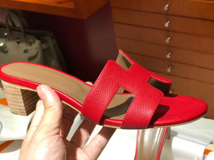 Discount Hermes Epsom Calf Middle Heel Women&#8217;s Sandals Shoes in Rouge Casaque