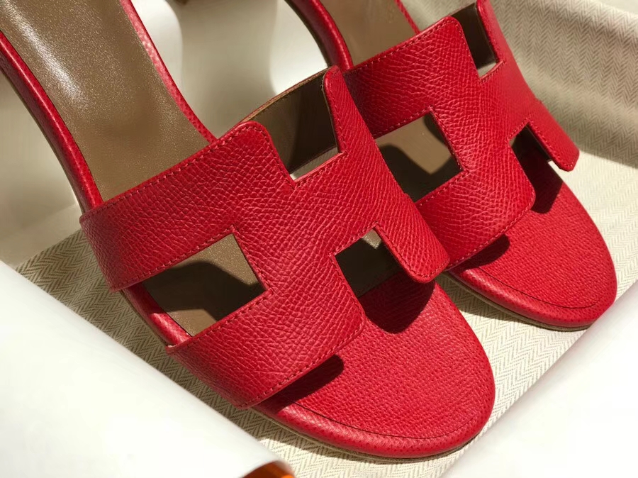 Discount Hermes Epsom Calf Middle Heel Women’s Sandals Shoes in Rouge Casaque