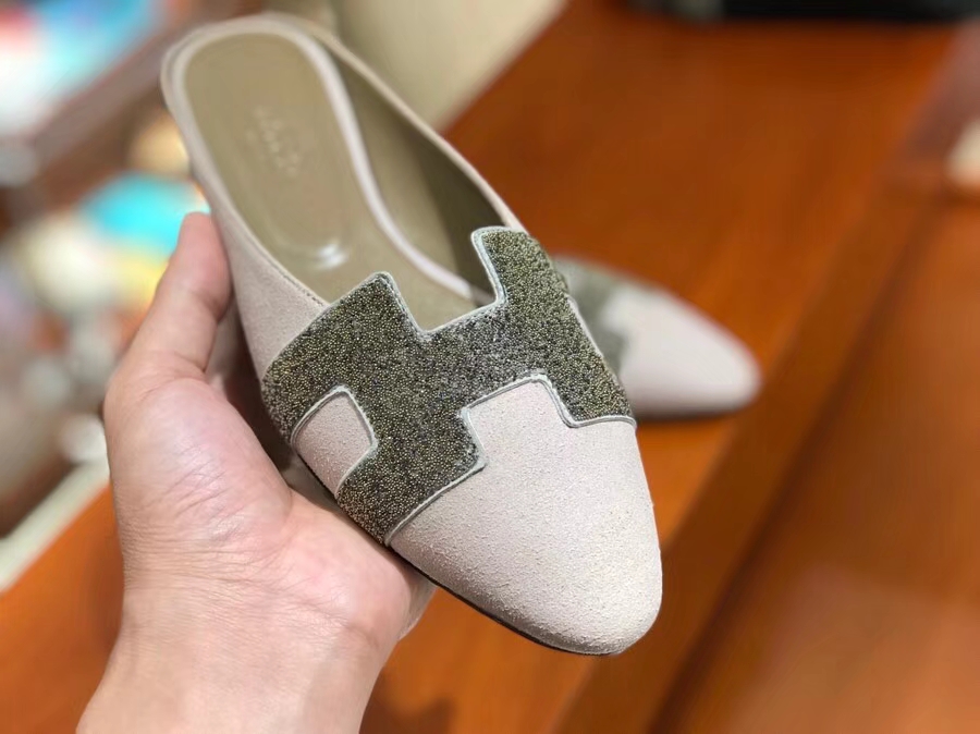 New Arrival Hermes H Cutting Crystal Chamois Leather Flat Shoes Slippers in Pink