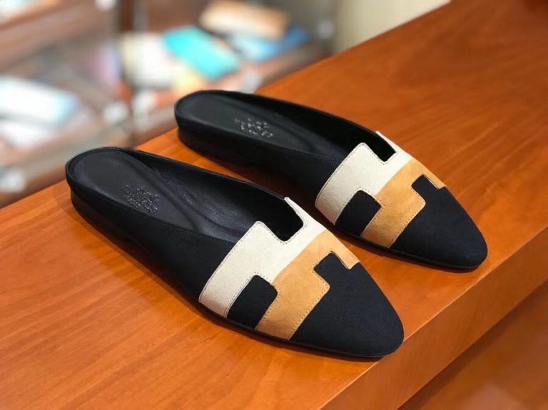 Hermes Black Multicolor Chamois Leather Womens Flat Sandals Shoes