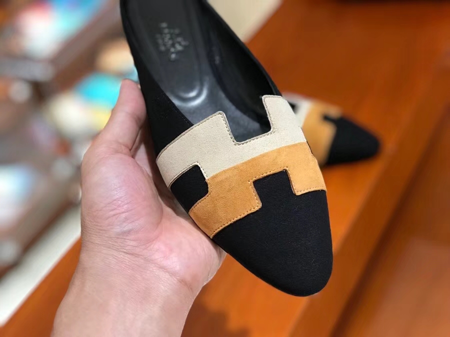 New Hermes Black Multicolor Chamois Leather Women&#8217;s Flat Sandals Shoes