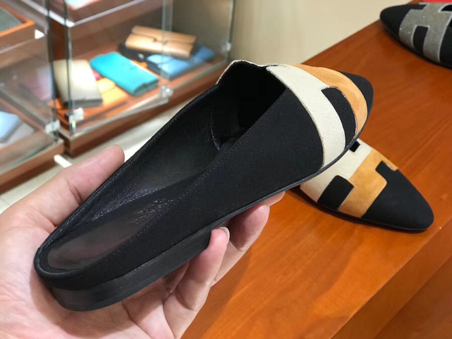 New Hermes Black Multicolor Chamois Leather Women&#8217;s Flat Sandals Shoes