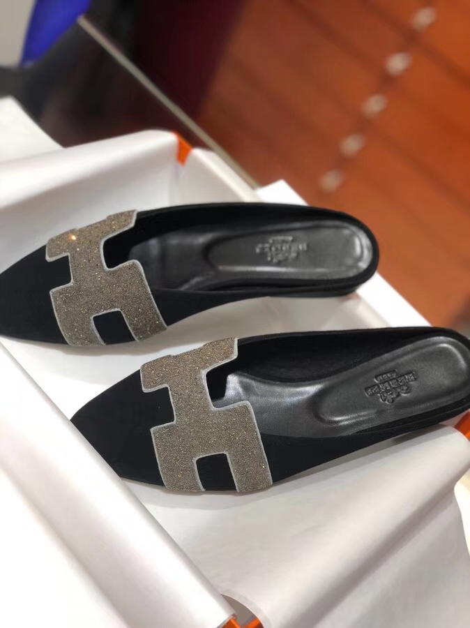 Elegant Hermes Crystal H Cutting Black Chamois Leather Women&#8217;s Flat Shoes Sandals 36-40