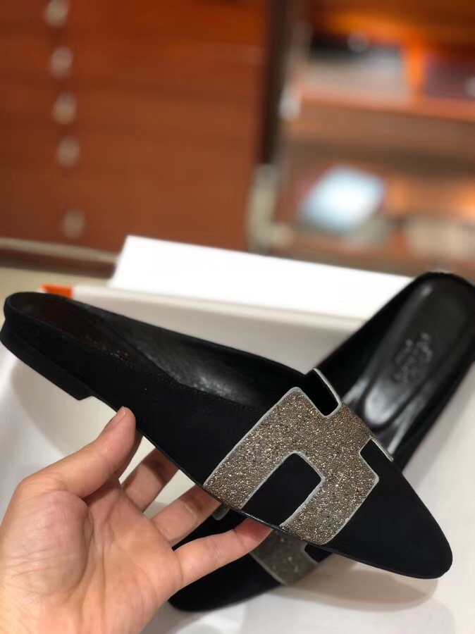 Elegant Hermes Crystal H Cutting Black Chamois Leather Women&#8217;s Flat Shoes Sandals 36-40