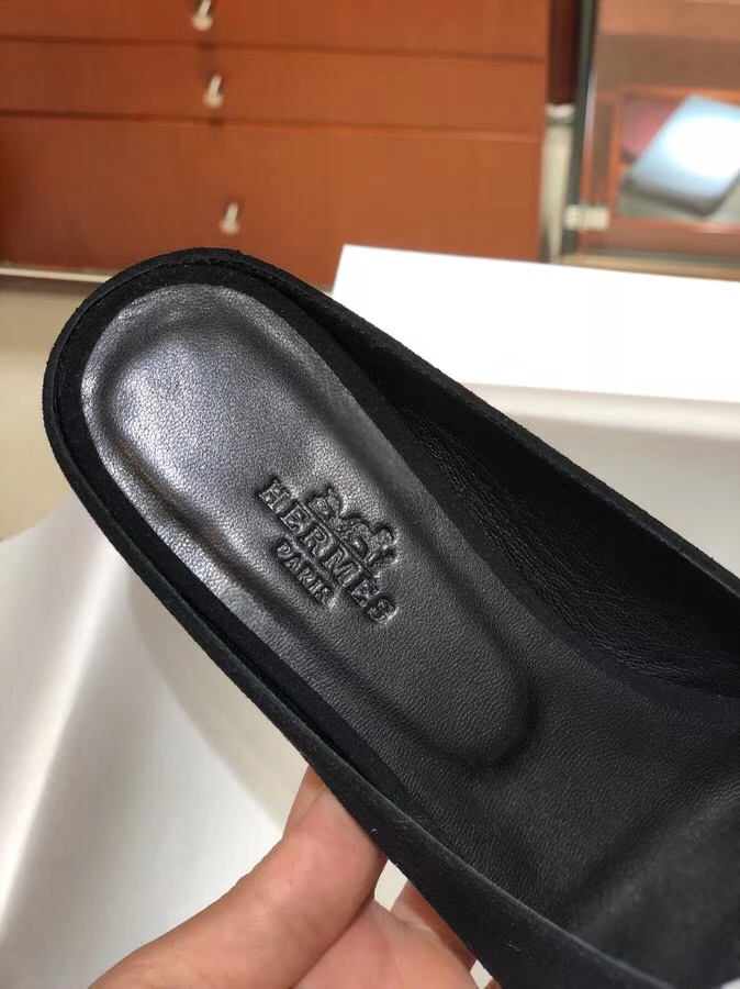 Elegant Hermes Crystal H Cutting Black Chamois Leather Women&#8217;s Flat Shoes Sandals 36-40