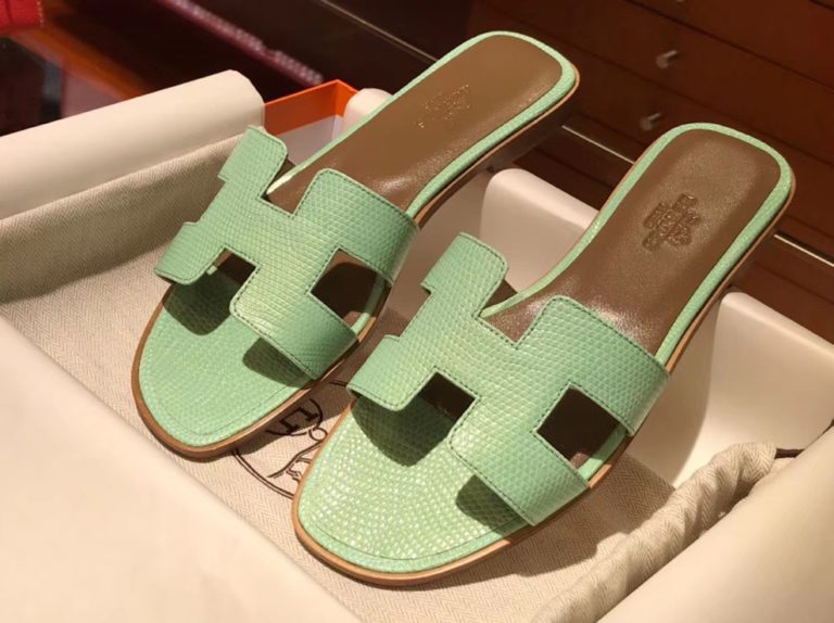 Hermes Mint Green Lizard Leather Womens Flat Heel Sandals Shoes 35-41