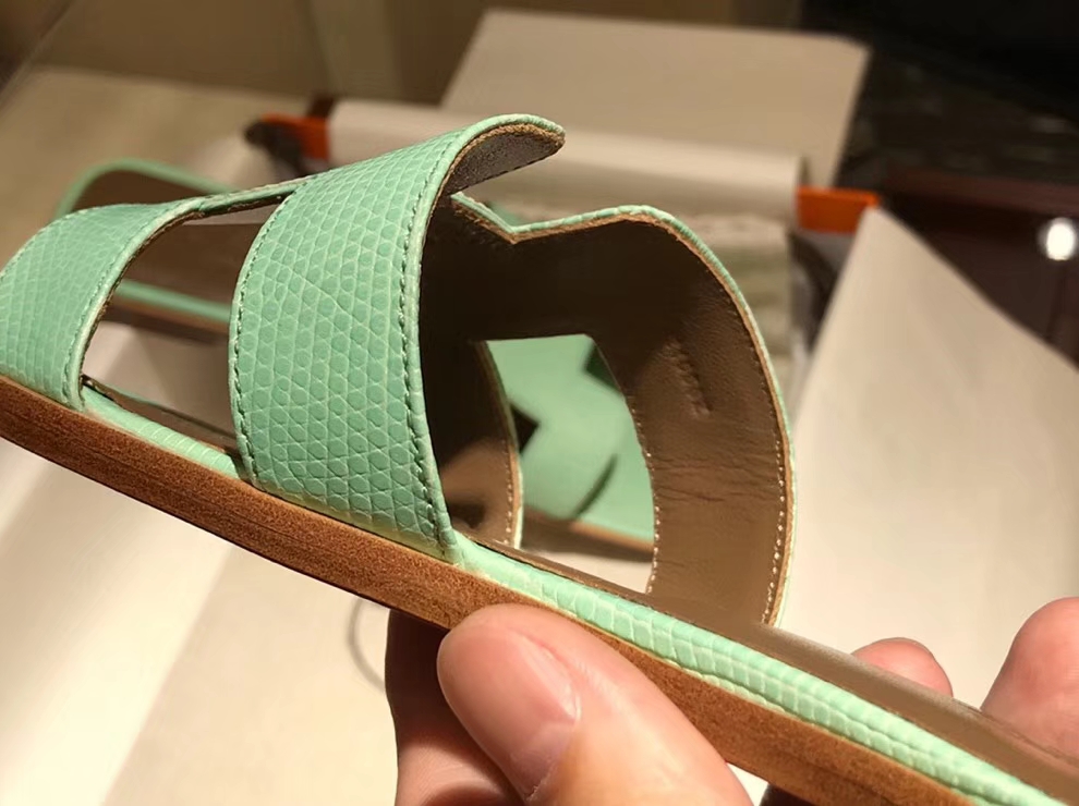 Noble Hermes Mint Green Lizard Leather Women&#8217;s Flat Heel Sandals Shoes35-41