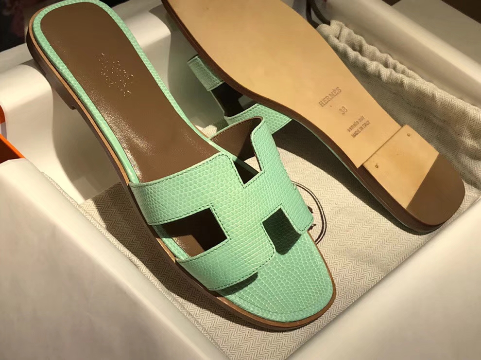 Noble Hermes Mint Green Lizard Leather Women&#8217;s Flat Heel Sandals Shoes35-41