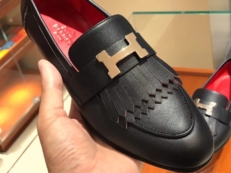 Hermes Autumn Black Chevre Leather Fringe Flat Womens Shoes 35-41