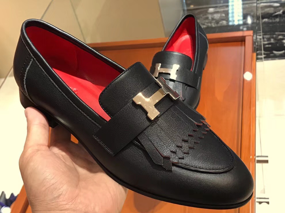 New Arrival Hermes Autumn Black Chevre Leather Fringe Flat Women’s Shoes35-41