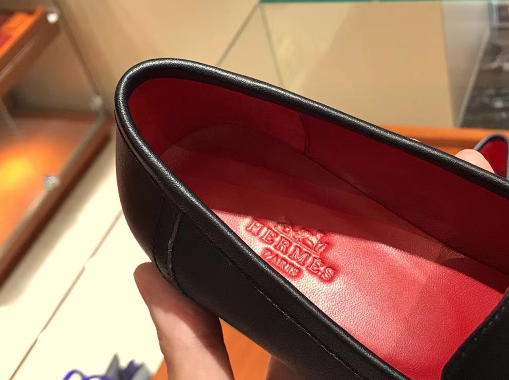 New Arrival Hermes Autumn Black Chevre Leather Fringe Flat Women’s Shoes35-41