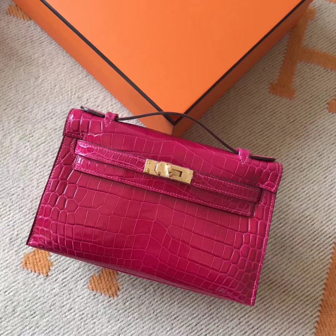 Noble Hermes J5 Rose Scheherazade Crocodile Shiny Minikelly Clutch Bag22CM