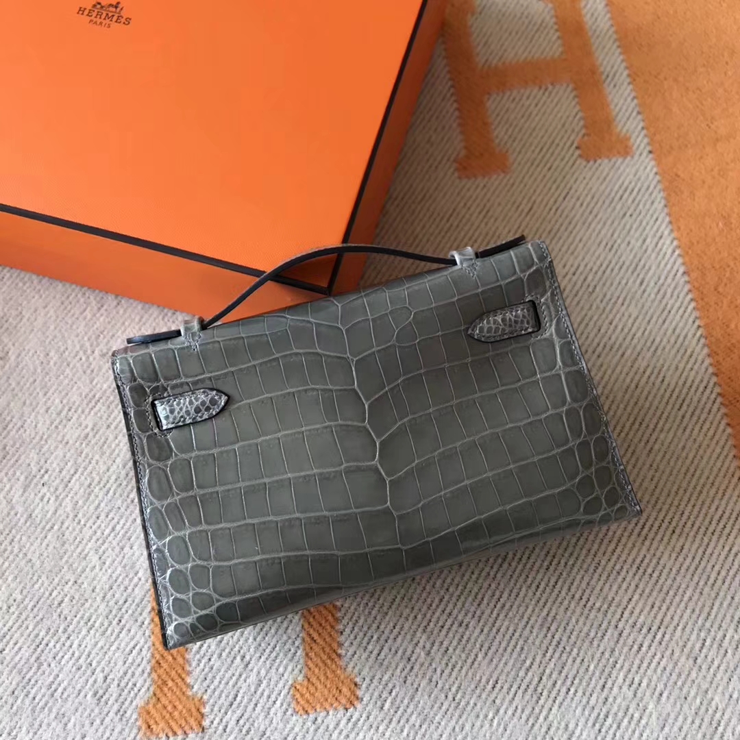 Luxury Hermes Shiny Crocodile Leather Minikelly22CM Clutch Bag in C81 Gris Tourterelle