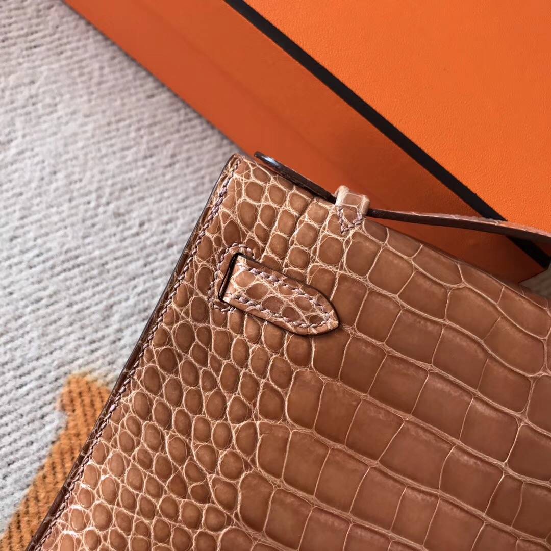 Elegant Hermes Caramel Color Shiny Crocodile Leather Minikelly Clutch Bag Silver Hardware